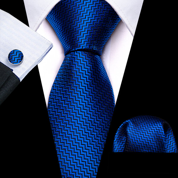 Pure Klein Blue Novelty Woven Men's 63 Inches Extra Length Tie Handkerchief Cufflinks Set