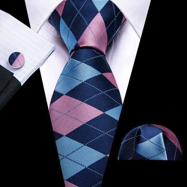 Pink Blue Navy Plaid Men's Necktie Hanky Cufflinks Set