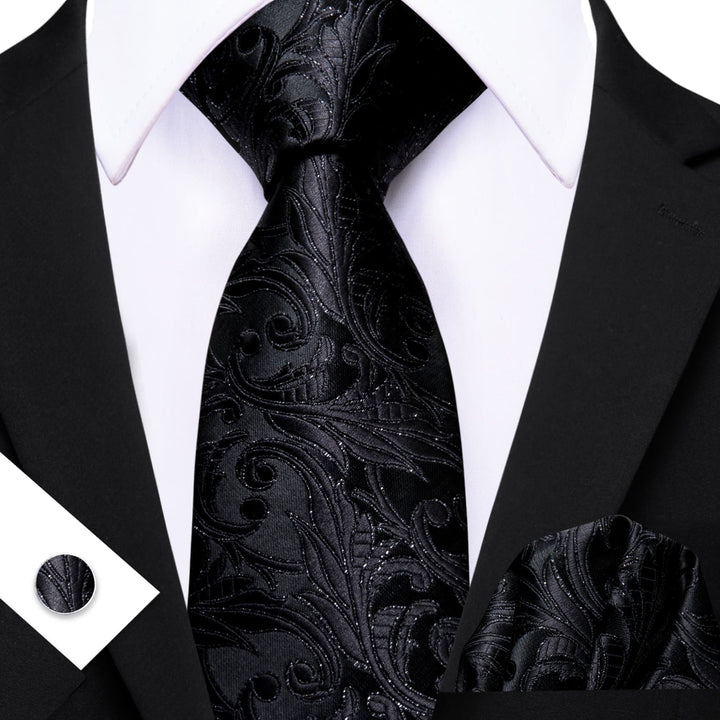 Midnight Black Floral Silk Dress Suit Tie Business for Men