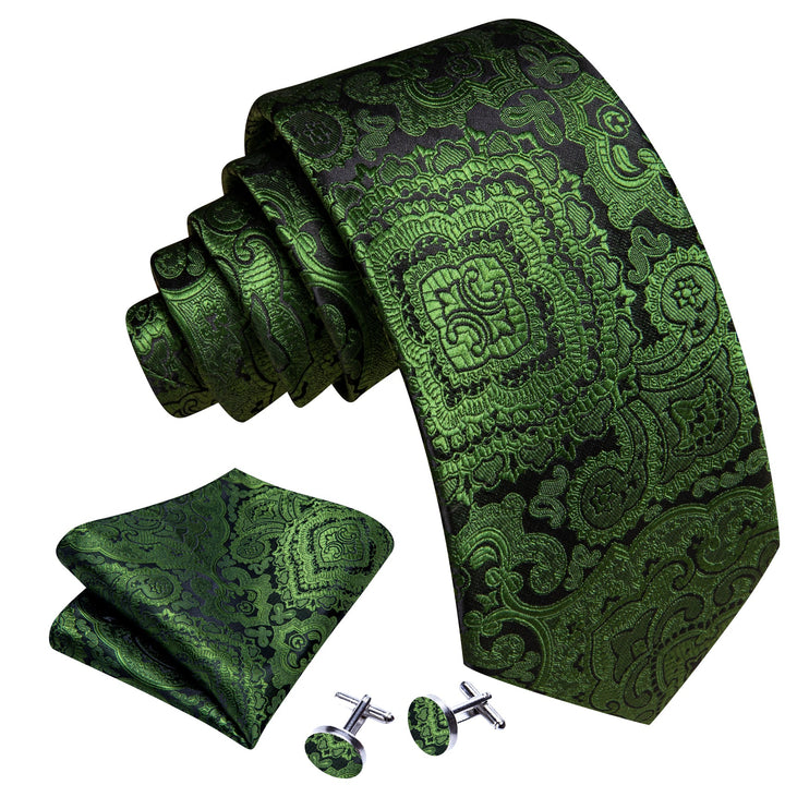 Silk Tie Black Green Floral Tie Pocket Square Cufflinks Men's Suit Tie Set