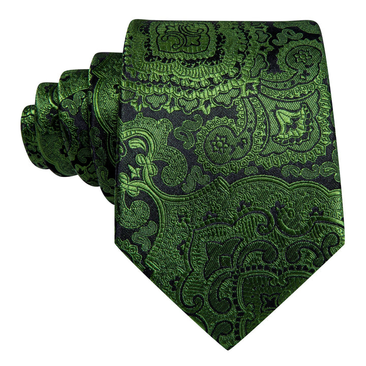 Silk Tie Black Green Floral Tie Pocket Square Cufflinks Men's Suit Tie Set