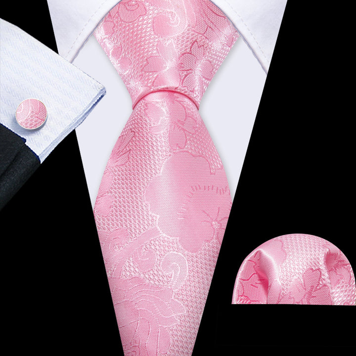 Light Pink Floral Men's Necktie Pocket Square Cufflinks Set