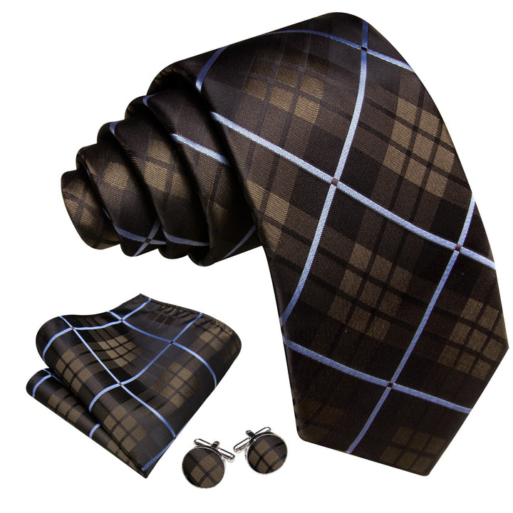 deep brown light blue plaid silk mens ties pocket square cufflinks set