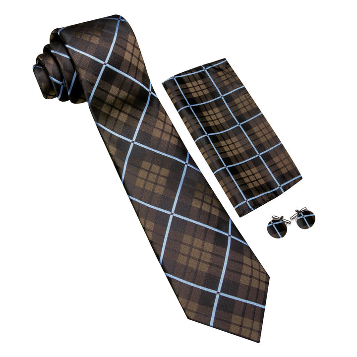 deep brown light blue plaid silk mens ties pocket square cufflinks set