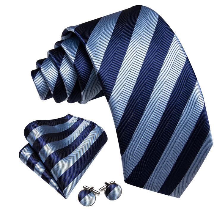 navy blue and sky blue striped mens silk tie handkerchief cufflinks set for mens suit business