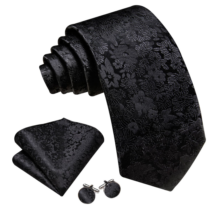  Coal Black Floral Mens Silk Tie Set for Mens Suit Top