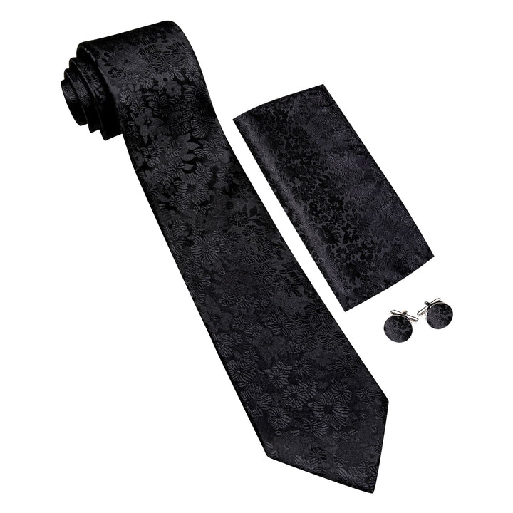  Coal Black Floral Mens Silk Tie Set for Mens Suit Top