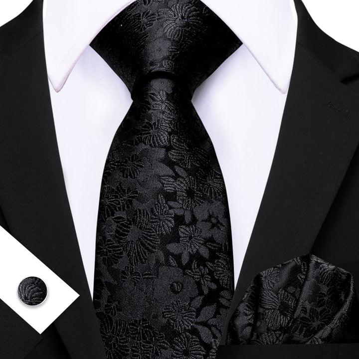  Coal Black Floral Mens Silk Tie Set for Mens Suit Top