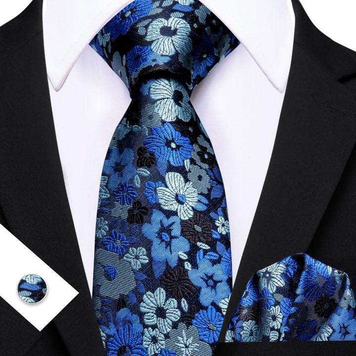 Sky Blue Floral Silk Mens Tie Set for Wedding Groom Tie