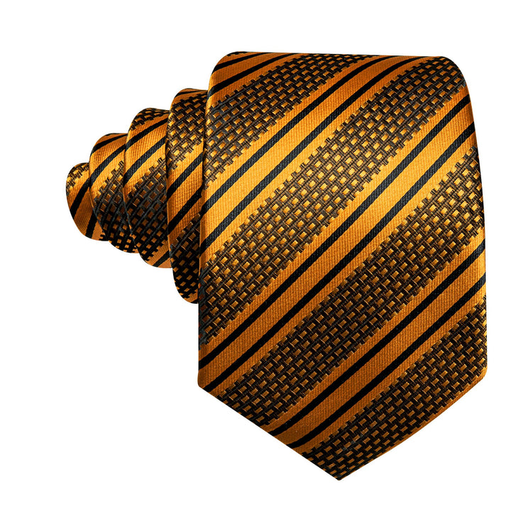 Black Gold Yellow Striped mens silk tie set