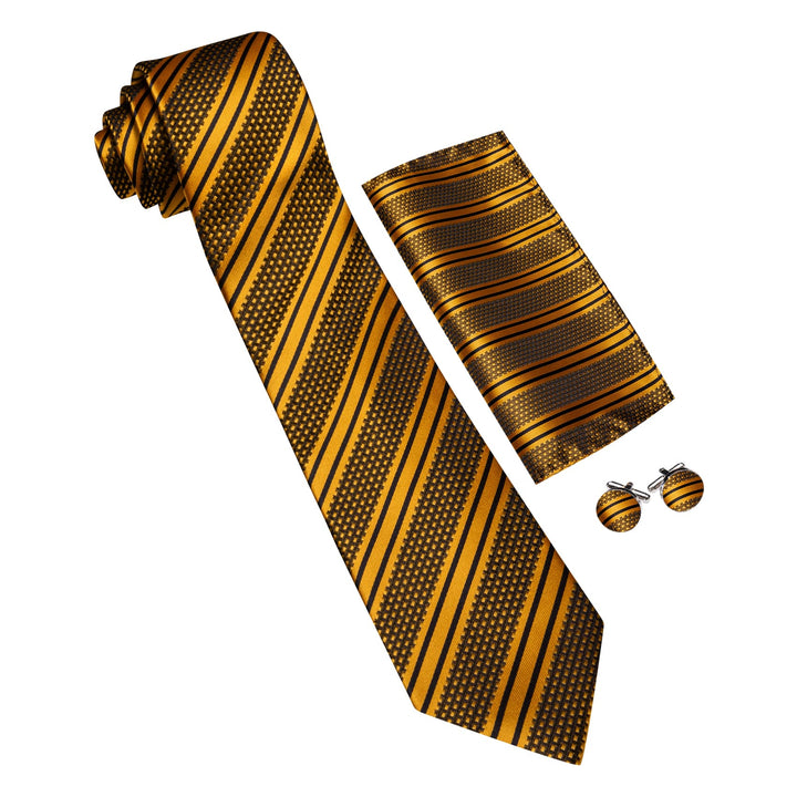 Black Gold Yellow Striped mens silk tie set