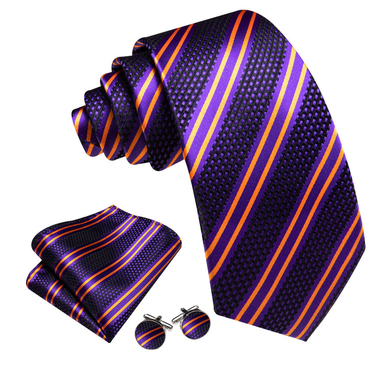  Silk Tie Purple Gold Striped Men's Tie Set for Suit Jacket