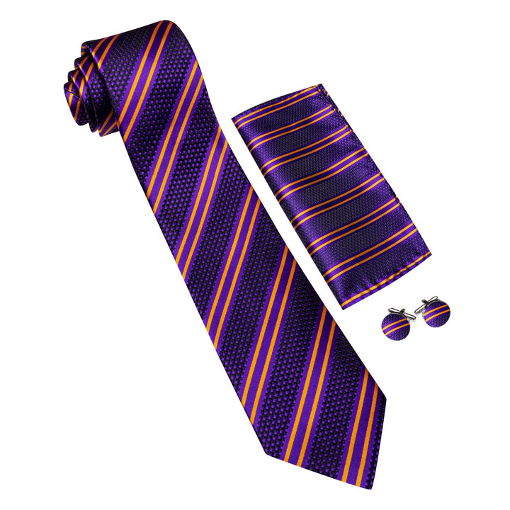  Silk Tie Purple Gold Striped Men's Tie Set for Suit Jacket