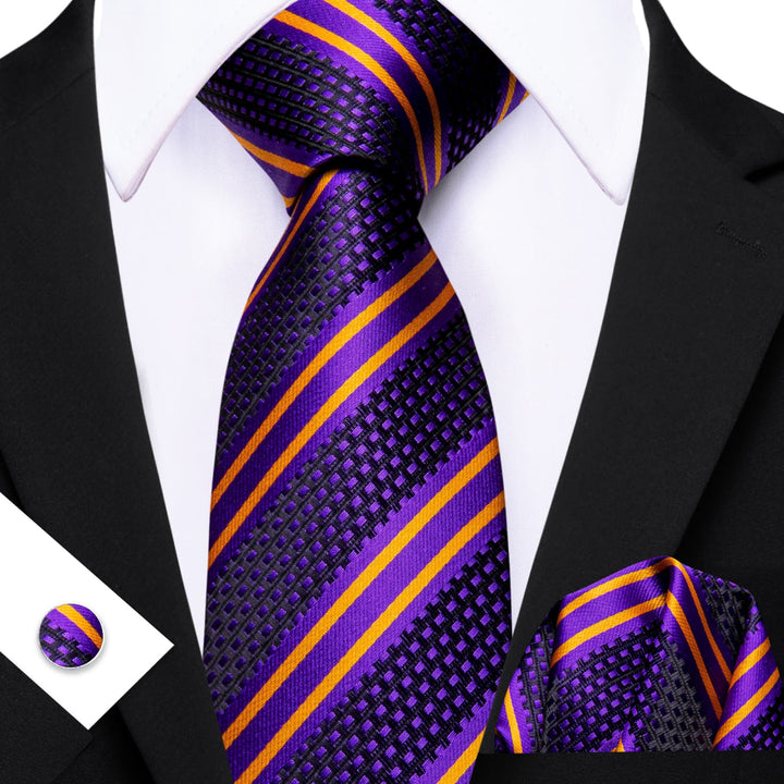  Silk Tie Purple Gold Striped Men's Tie Set for Suit Jacket