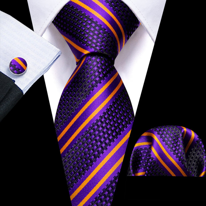  Silk Tie Purple Gold Striped Men's Tie Set for Suit Jacket