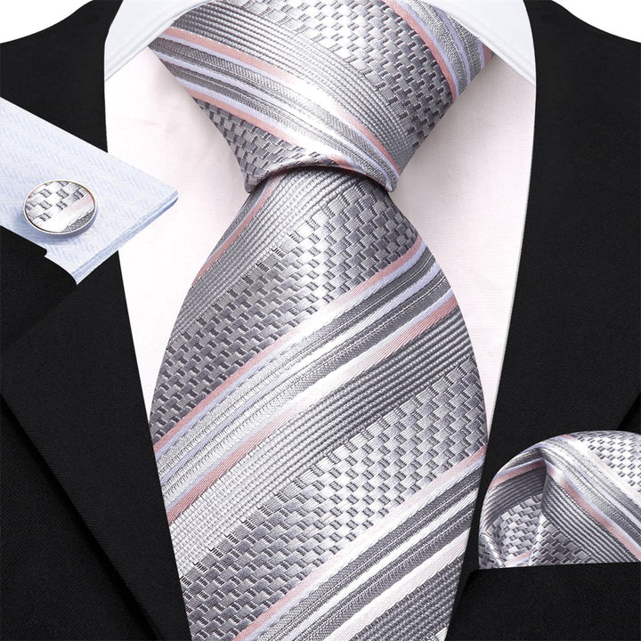 Dress Tie Cloud Grey Striped Men's Silk Tie Handkerchief Cufflinks Set for Business