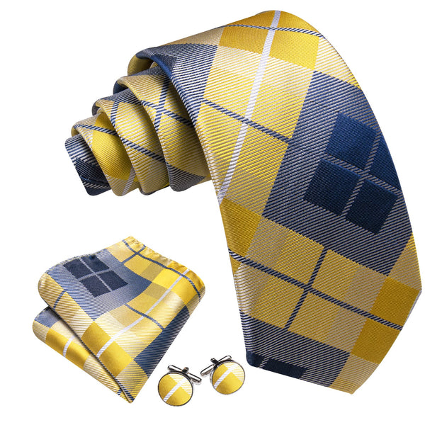 Ties2you Dress Tie Yellow Blue Plaid Men's Silk Tie Handkerchief Cufflinks Set