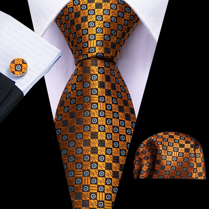 Plaid Polka Dot silk men's gold tie Pocket Square Cufflinks Set for Office suit