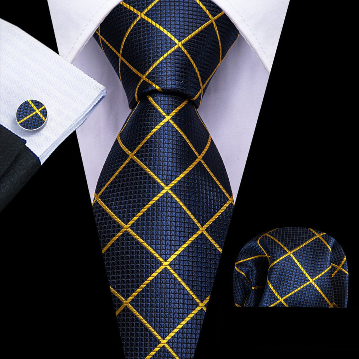 Navy blue yellow plaid mens silk suit business ties handkerchief cufflinks set for suit dress