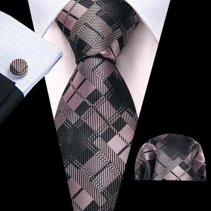 Grey Plaid Men's Silk Pink Tie Handkerchief Cufflinks Set for Wedding