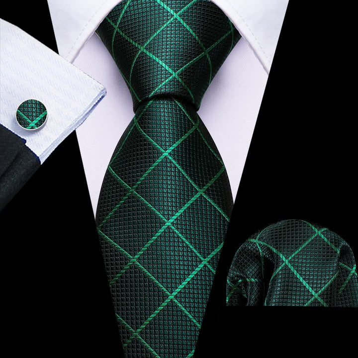 deep green plaid silk mens neckties handkerchief cufflinks set for business