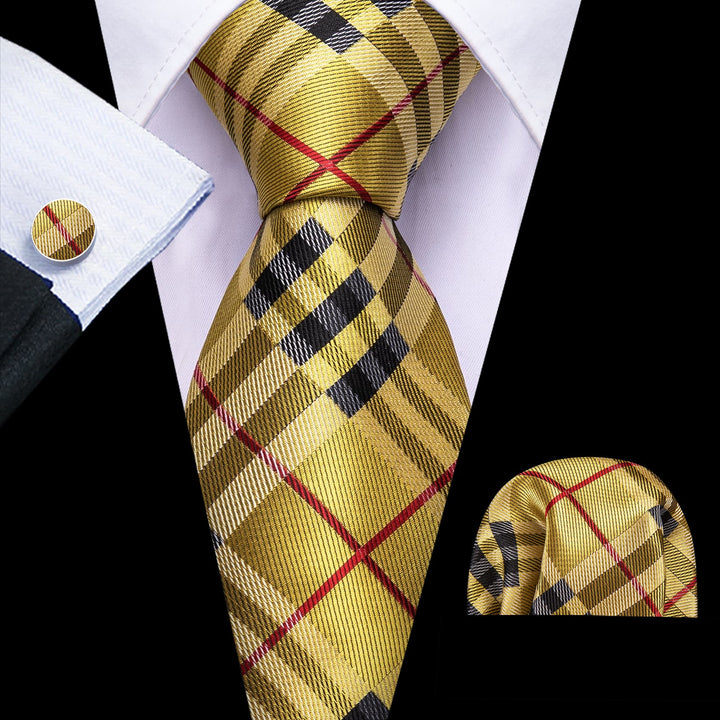 gold Burgundy striped mens silk tie handkerchief cufflinks set for wedding