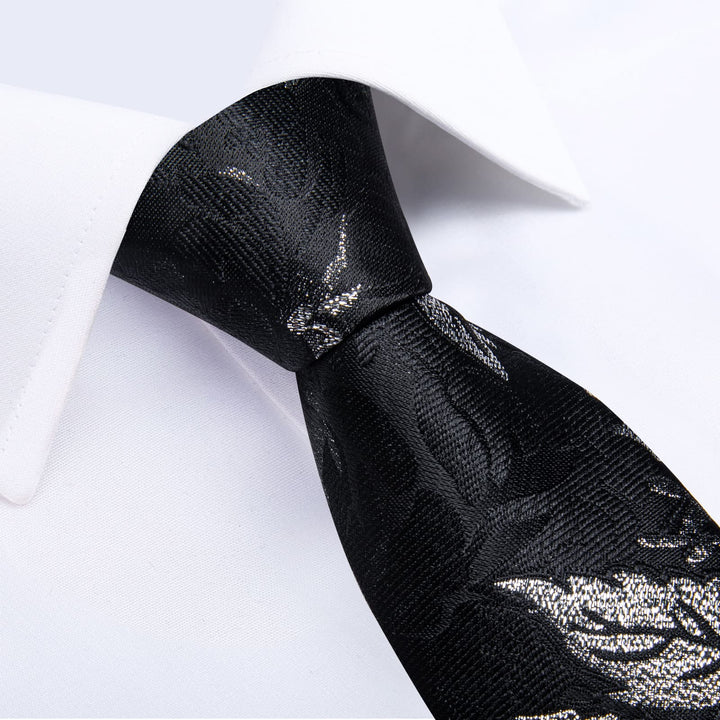 business floral black silver mens tie pocket square cufflinks set for wedding suit top