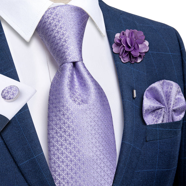 Purple Plaid Men's Necktie Pocket Square Cufflinks Set with Lapel Pin