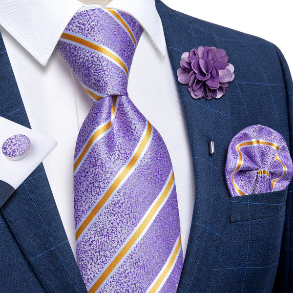 Purple Gold Striped Men's Necktie Pocket Square Cufflinks Set with Lapel Pin