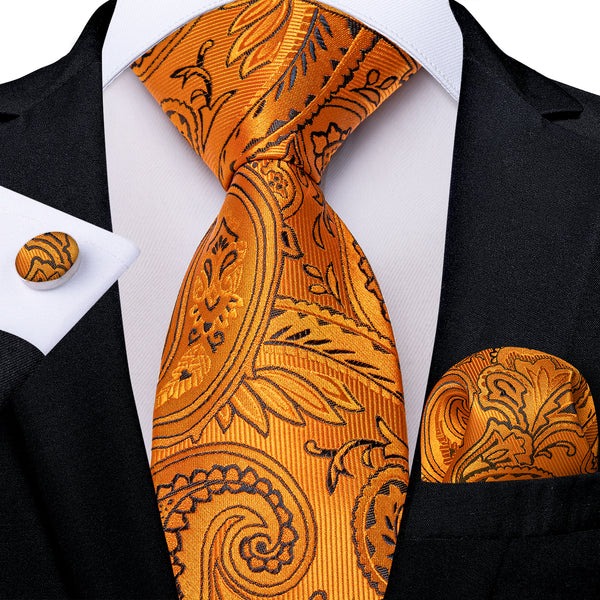 Orange Black Paisley Silk Necktie Pocket Square Cufflinks Set