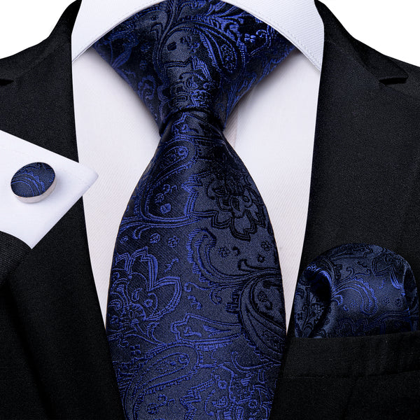 Navy Blue Paisley Silk Necktie Pocket Square Cufflinks Set