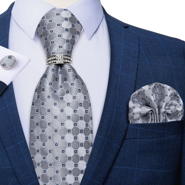 smoke grey plaid geometric mens silk tie with sliver tie ring