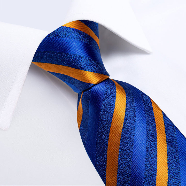 mens classic design striped orange blue ties handkerchief cufflinks set for dress suit top