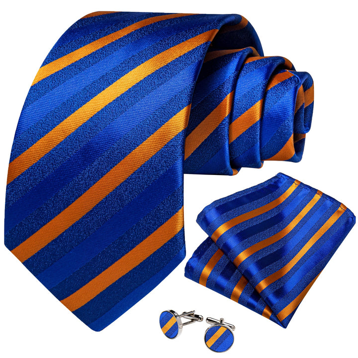 mens classic design striped orange blue ties handkerchief cufflinks set for dress suit top