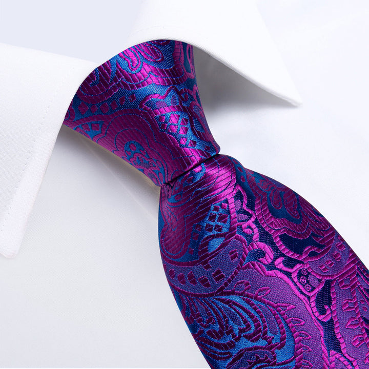 fashion floral purple mens silk tie pocket square cufflinks set for suit dress