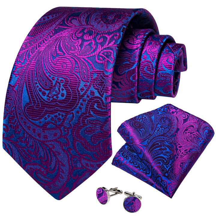 fashion floral purple mens silk tie pocket square cufflinks set for suit dress