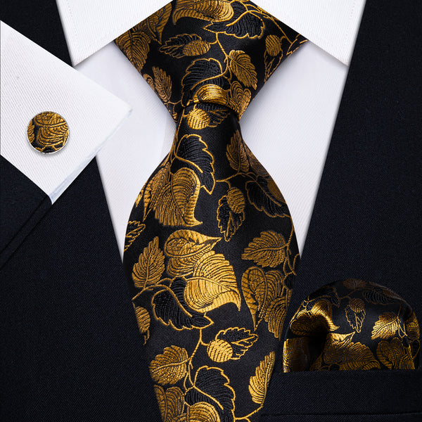 Ties2you Men's Silk Tie Black Gold Floral Necktie Pocket Square Cufflinks Set