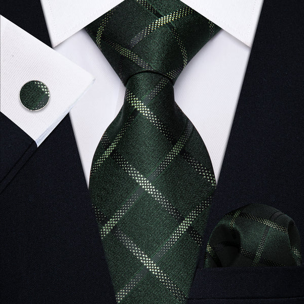 Ties2you Dark Green Tie Plaid Men's Necktie Pocket Square Cufflinks Set