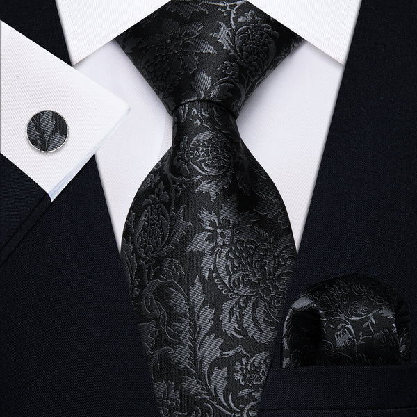 Ties2you Black Tie Floral Men's Necktie Pocket Square Cufflinks Set