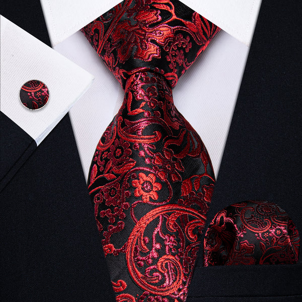 Ties2you Red Black Floral Men's Necktie Pocket Square Cufflinks Set