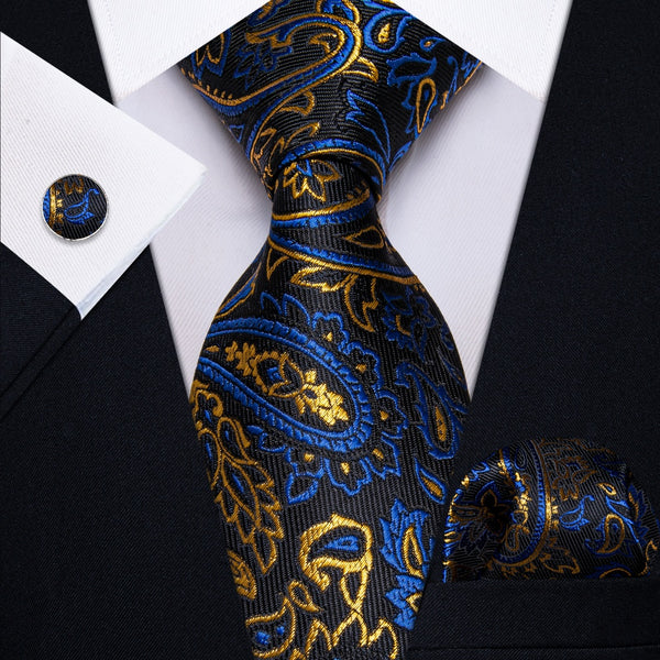 Ties2you Blue Golden Black Paisley Men's Tie Hanky Cufflinks Set