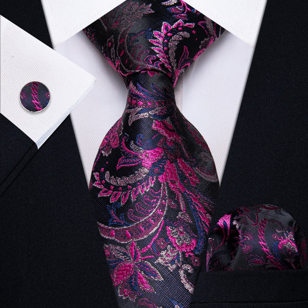 Ties2you Purple Black Blue Floral Men's Necktie Pocket Square Cufflinks Set