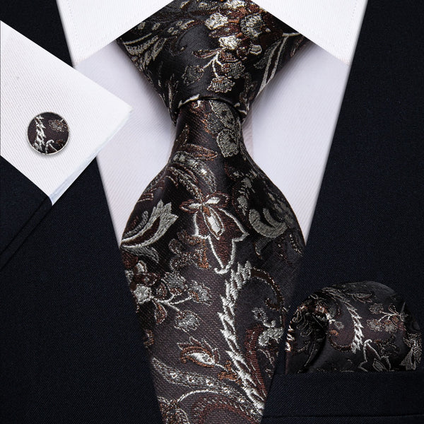 Ties2you Black Brown Floral Men's Necktie Pocket Square Cufflinks Set