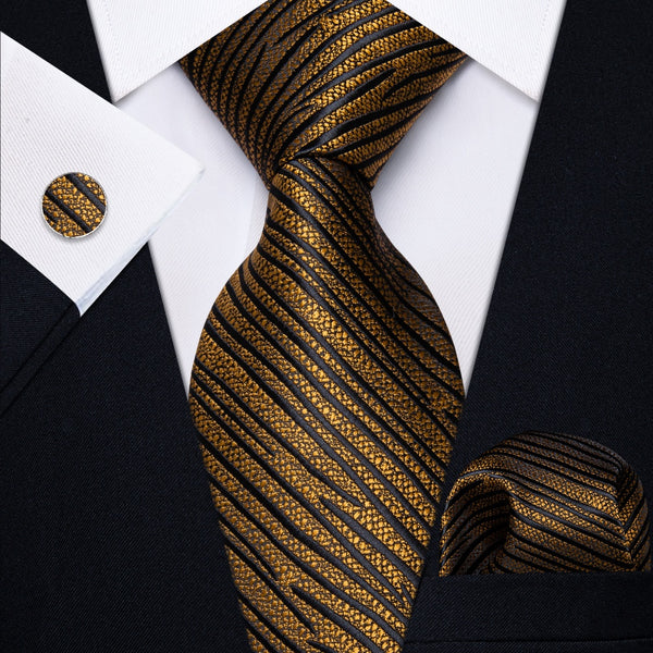 Ties2you Gold Black Striped Men's Necktie Pocket Square Cufflinks Set