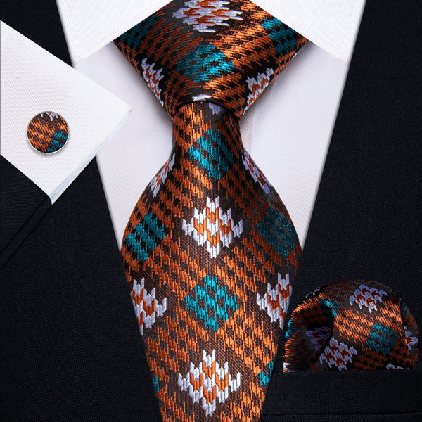 Ties2you Brown Orange Plaid Men's Necktie Pocket Square Cufflinks Set