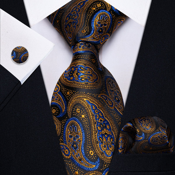 Ties2you Golden Blue Black Paisley Men's Necktie Pocket Square Cufflinks Set