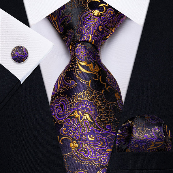 Ties2you Purple Gold Black Novelty Men's Necktie Hanky Cufflinks Set