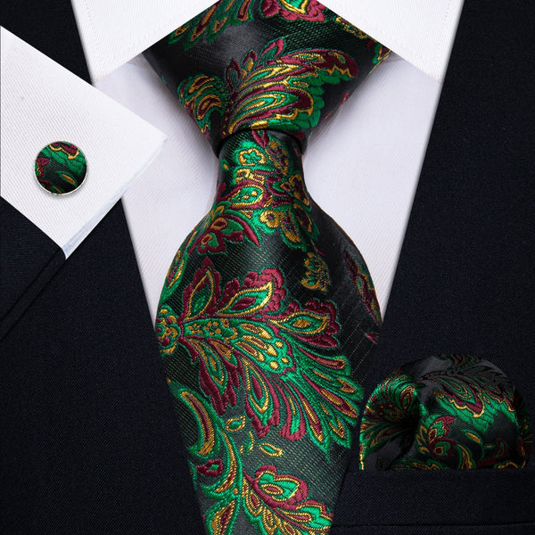 Ties2you Green Floral Leaf Men's Necktie Pocket Square Cufflinks Set