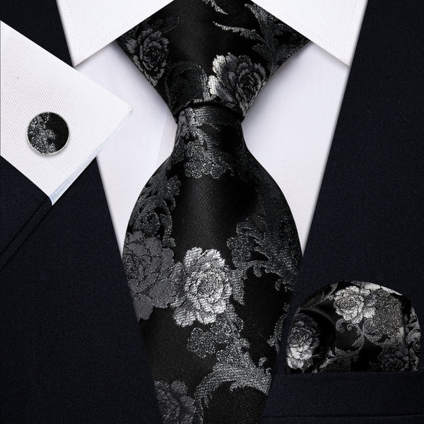 Ties2you Black White Grey Floral Necktie Pocket Square Cufflinks Set