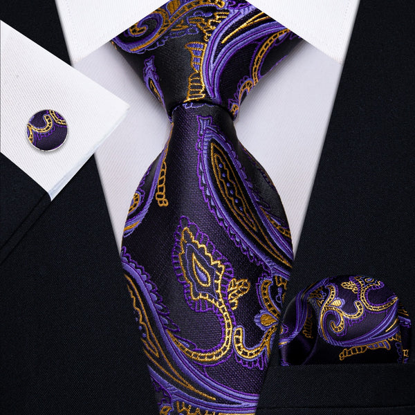 Ties2you Purple Gold Paisley Men's Wedding Necktie Pocket Square Cufflinks Set